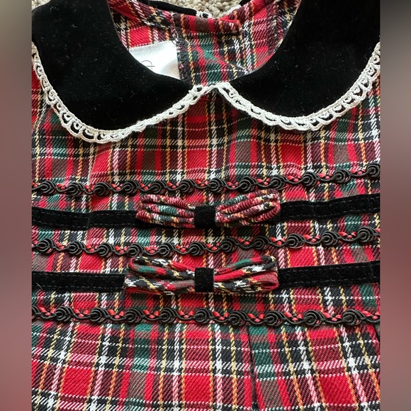 Vintage Bonnie Jean Red and Black Plaid Christmas Dress Velvet Trim lace - Picture 3 of 11